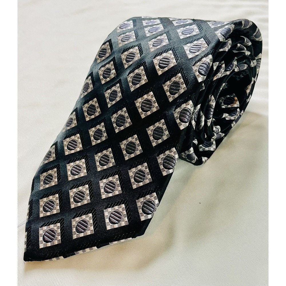 Bachrach Mens Neck Tie Black 100% Silk Geometric Designer Necktie Handmade Italy